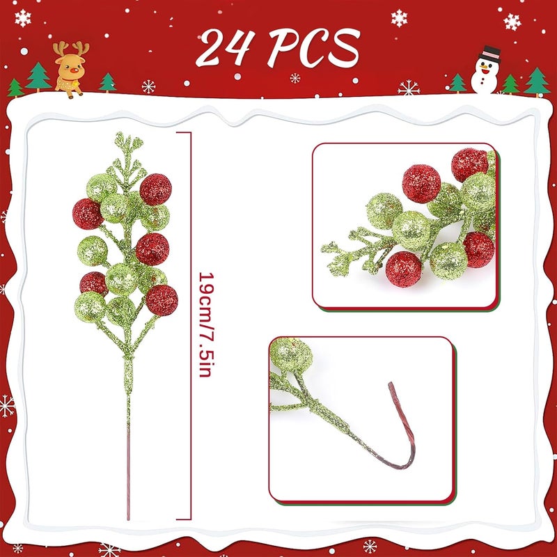 Meching 24 Pack Christmas Glitter Green Red Berry Stems, 7.5 Inch Artificial Christmas Berries Picks for DIY Crafts Xmas Tree Christmas Wreath Home Wedding Home Party Decoration (Green&Red) - Image 2